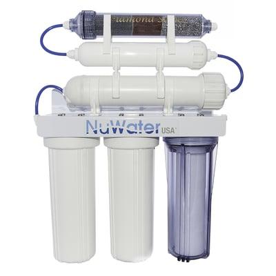 NuWater's flagship filtration system. Under-sink RO water filtration holding 6 cartridges featuring the
 Diamond 7 Stage Filtration Process