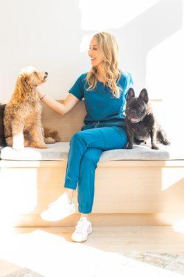 Dr. Isabel, her frenchie Jagger and her goldendoodle Keith