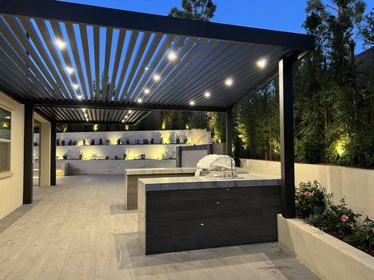 hardscape, landscape lighting, patio cover, bbq area, pergola