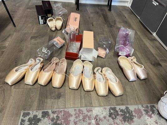 Shortlisted pointe shoes after half hour fitting