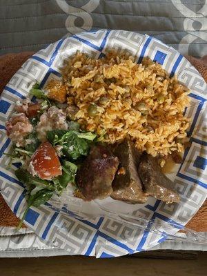 My combo order: This plate cost $9.00. Comes with: Arroz con Gandules. BBQ  pot roast and spinach salad  buen provecho (My plate) enjoy