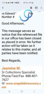 Proof that the collection agency case has been closed yet East Coast Gastroenterology still will not close the case!