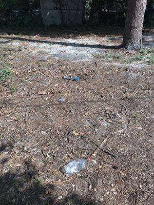 Broken glass, burned trash and plastic all over the yard