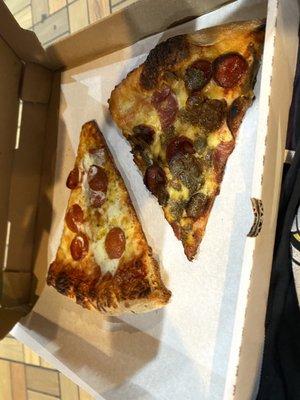 A Pepperoni Pizza Slice and a Supreme Slice.