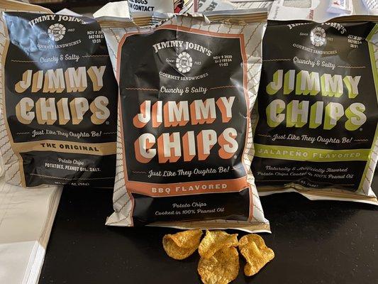 2 oz bags of chips. BBQ and Jalapeño are the best. Jalapeño is not spicy.