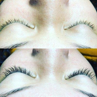 Before and after of a classic lash extension set.