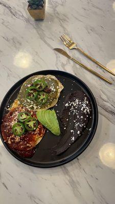 Holy Rancheros with nopal tortillas and soy chorizo