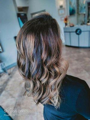 Toasted almond balayage and root shadow & cut #2