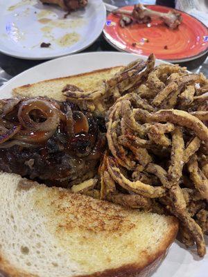 Hamburger steak mushrooms and onions with fried onion delicious..