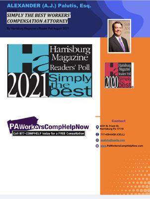 "SIMPLY THE BEST" Workers' Compensation Lawyer as voted by readers' poll in Harrisburg Magazine for 2020 and 2021