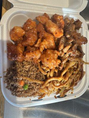 General TSO,lo -mein, fried rice and teriyaki chicken.