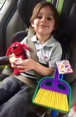 River was very excited to get his stuffed Clifford the Big Red Dog and a broom set to help Mommy clean!