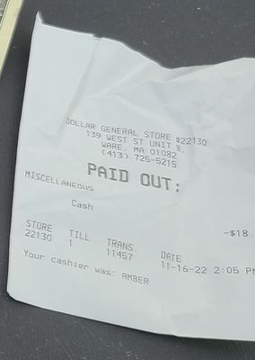 Reciept from this transaction. Total was $18.07.