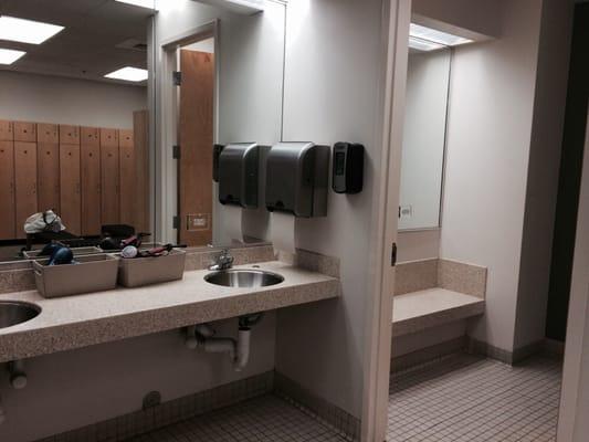 Women's locker room sinks with provided hair dryers