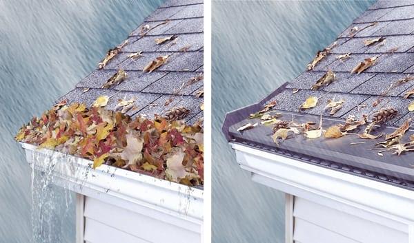 Before GutterTopper; a clogged gutter and after the install; a protected gutter..