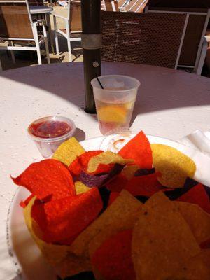 Sitting by the pool and enjoying chips and salsa with a white sangria. Very nice.