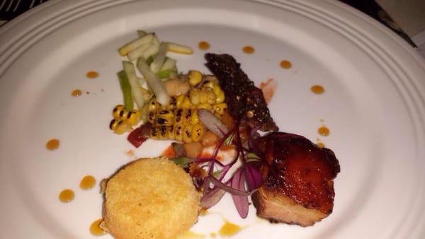 James Beard Barbecue Plate,  Pork Belly,  Succotash, Candied Bacon, Maple Brûléed Corn Bread, & Apple Pickles