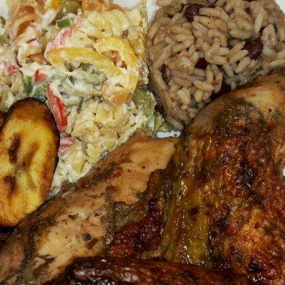 Halal Jerk Chicken, Vegan Rasta Pasta, Red Beans and Rice and Plantain.