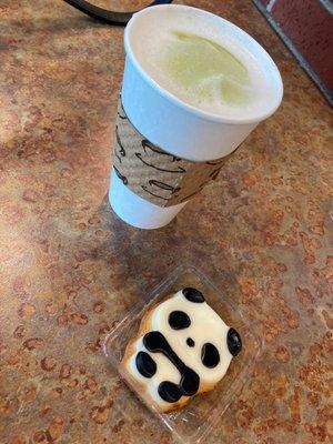 Matcha latte with Oat Milk and Panda Pastry, which was recommended.