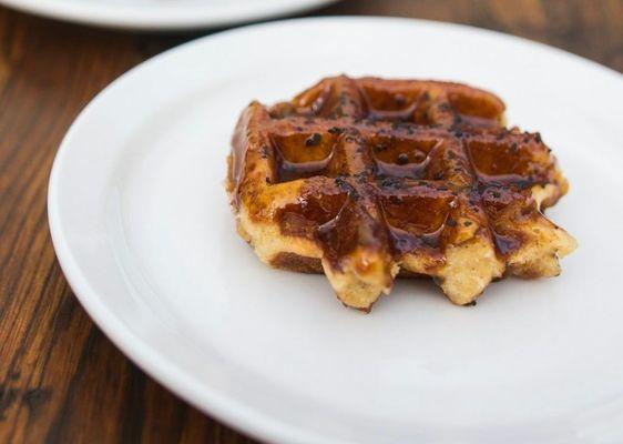 Enjoyed with coffee, our caramel Liege Waffles are topped with black Hawaiian sea salt.