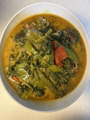 Coconut curry w/ mix favor peppers spinach, garlic, onion, scallion,okra, box choy , ect...