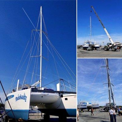 New Selden mast and rigging on a Dolphin 460. All lower end fittings measured and installed while mast being held by the crane.