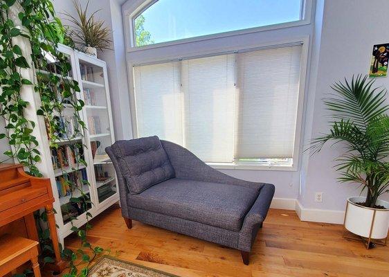 Upholstered chaise lounger with new fabric at Seams Upholstery, LLC