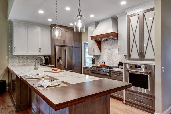 Two tone kitchen with wood top, marble quartz