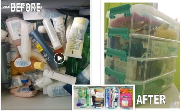 A deep bathroom drawer got organized with the help of this stackable bin.