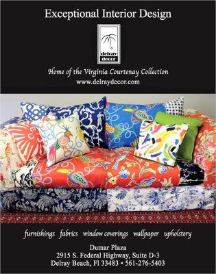 Delray Decor has so many fabrics to mix and match.  Red and blue designer fabrics are shown in an array of coloration.