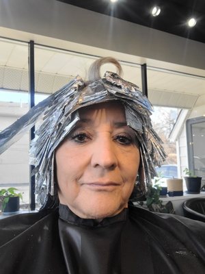 Me, covered in foils.  Trying to go platinum. Lots of work!  She did a great job.  Not done yet.  Probably, hopefully, one more session. Ok!