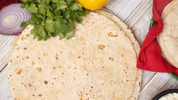 Flour tortillas available 5, 6, 8, 10, 12 and 14 inches.