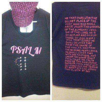 004-32422-045 s-5xl $25.00 Black T-Shirt 100% cotton with pink lettering with Psalm 91 scripture