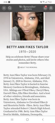 Betty Ann Fikes Taylor passed away on January 21,2020 in Hoover, Alabama buried in Sunrise Memory Garrdens Birmingham,Alabama.