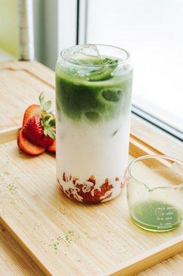 Organic Matcha Latte with Fresh Strawberry Puree.