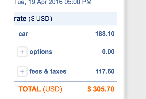 Fees and taxes are almost as much as the rental. Includes an $8 per day office fee.