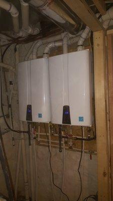 Tankless natural gas water heaters.