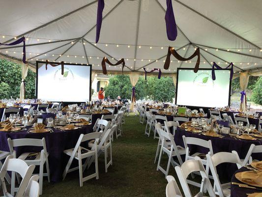 Same image on four screens (two on each corner) with rear projections for an evening outdoor event for 500 people.