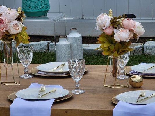 Picnic perfect affair! Crystal, china and linen napkins requested for this event. Let us dress your event for 2 guests or up to 30!