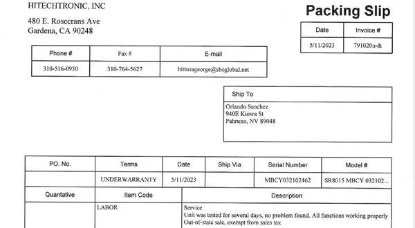 This is the repair slip showing the blatant lie i was told by hitechtronics 
 George the manager in charge.