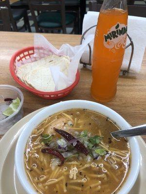 Chicken noodle soup and orange soda