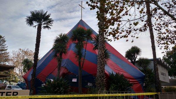 Dec 2015 - Church in Downtown San Jose. With the right preparations, any shape building can be tented.