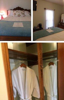 The Rose Suite has a full size antique bed, comfy robes, and "the fluffiest" towels to make your stay oh so cozy!