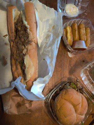 Steak and cheese lg, bulkie of brisket, cheese sticks Highly recommend