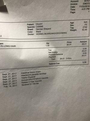 veterinary proof that shows Trudy the dog Sonya Hanes has was vaccinated,heartworm tested& on preventative when she was delivered