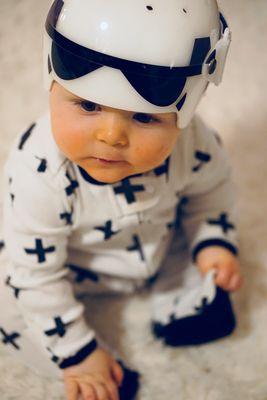 From hospital looking helmet to cutest little Storm Trooper.