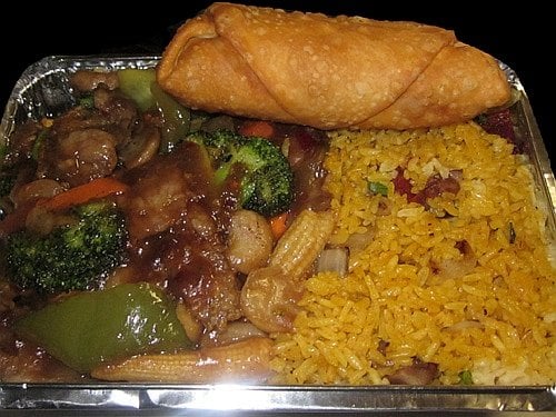 C19: Hunan Beef with Pork Fried Rice and Egg Roll