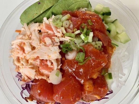 Spicy ahi tuna poke bowl with crab and avocado