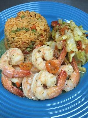 Pan Fried Shrimp in Lemon Butter Sauce with Vegetable Seasoned Rice and Stir Fried Cabbage