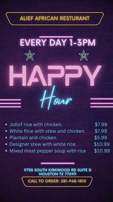 Join us for happy hour from 1-3pm everyday